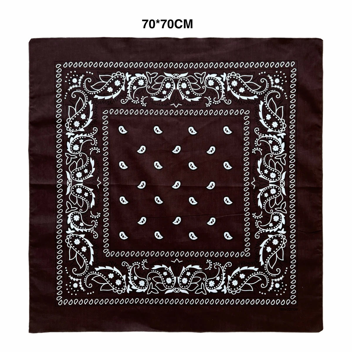 Dark brown square fabric featuring white paisley embroidery and decorative borders.