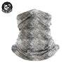 A camouflage patterned scarf or mask for a motorcycle or outdoor use.