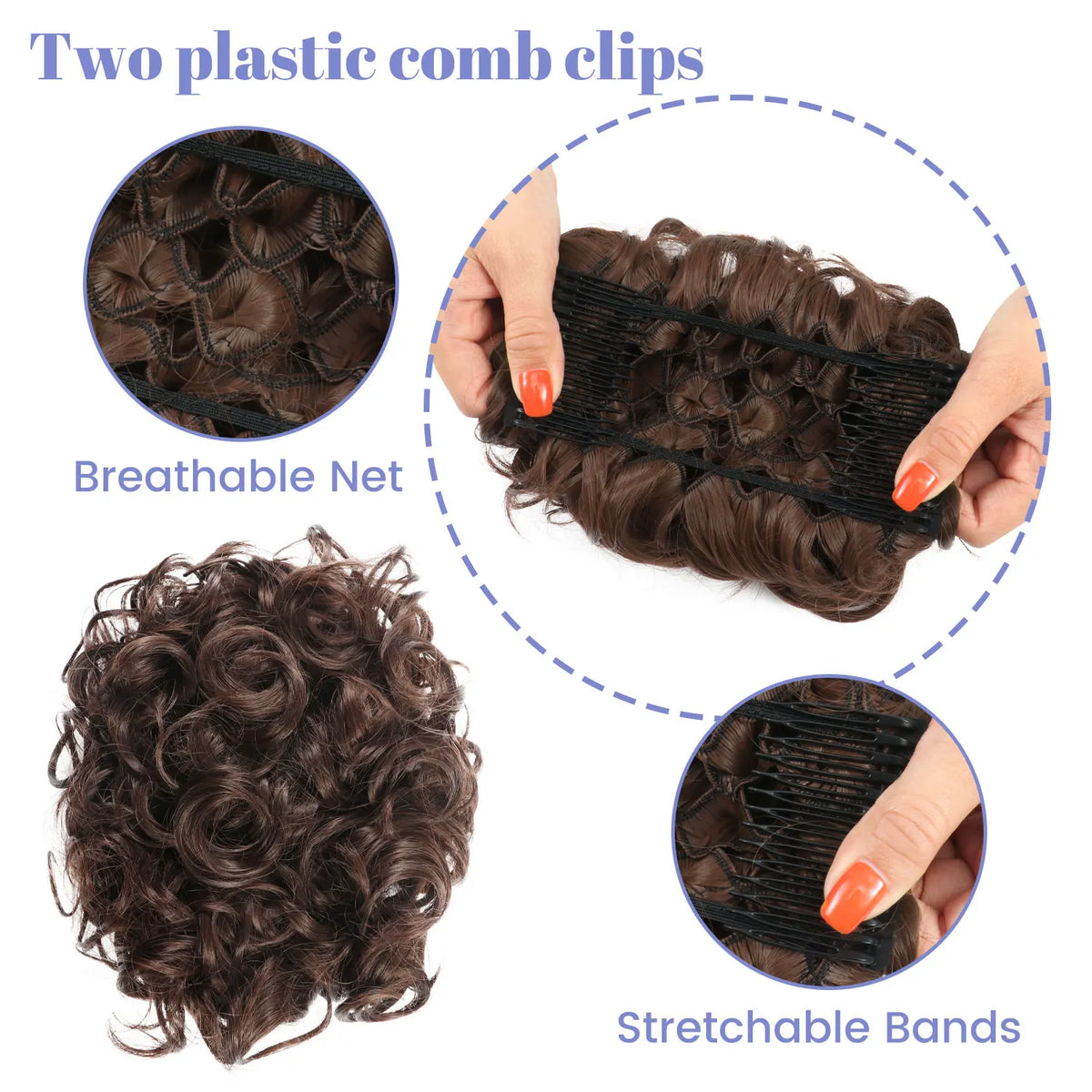 Two plastic comb clips used to secure a synthetic curly chignon hairstyle.