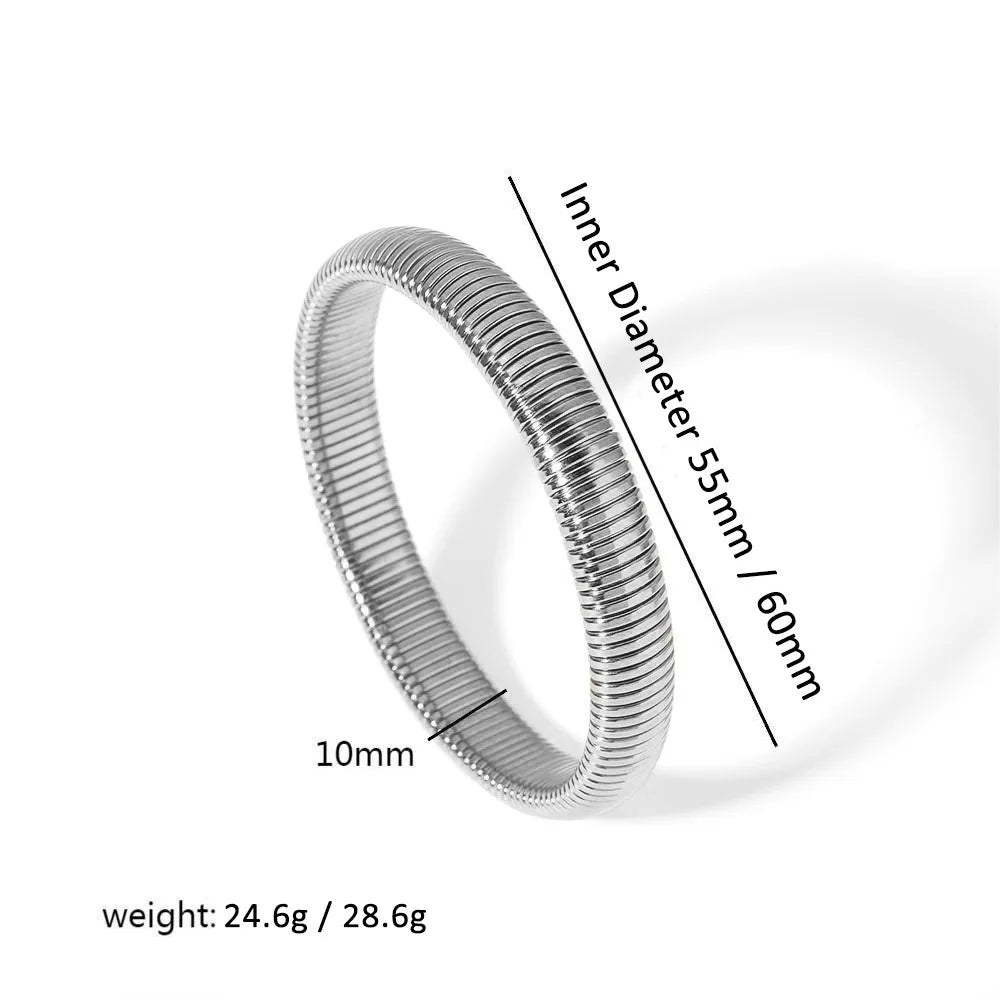 A silver-toned elastic bangle bracelet with an inner diameter of 55mm and a thickness of 10mm.