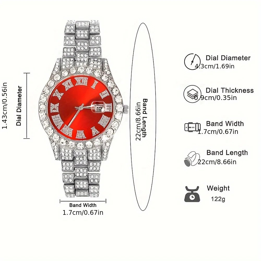 A silver-toned wristwatch featuring a red dial and pave-set diamonds, shown with detailed measurements.