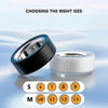 A selection of silicone protector rings in sizes S through M displayed on a light blue background.