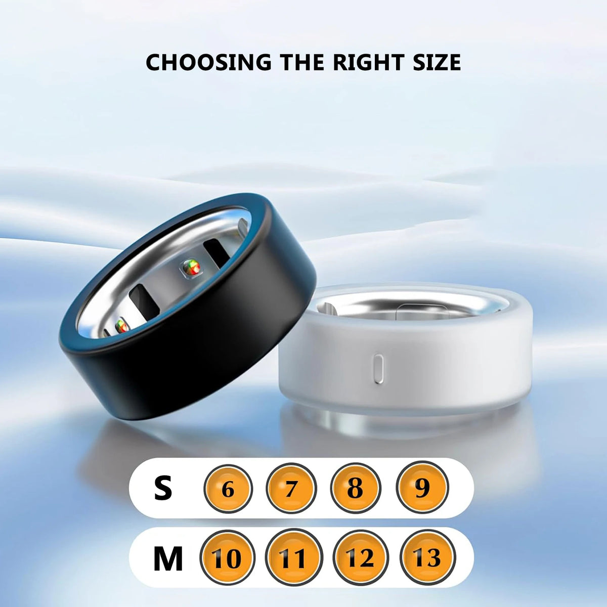 A selection of silicone protector rings in sizes S through M displayed on a light blue background.