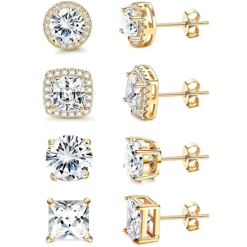 A collection of simulated diamond stud earrings in 18K gold plated, featuring various designs and settings.