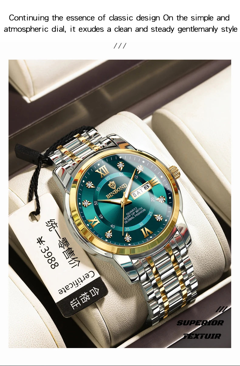 Reloj de pulsera de cuarzo de lujo tono dorado para hombre con esfera azul oscuro y pulsera de plata, mostrado en una caja de