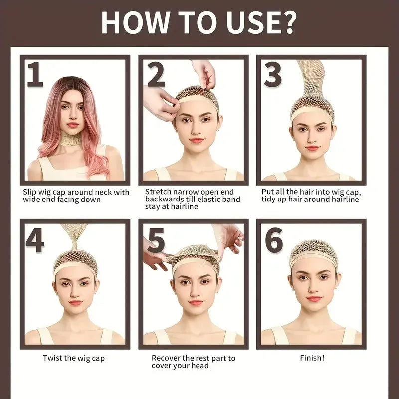 Six steps demonstrating how to use a natural nude black wig cap for long hair