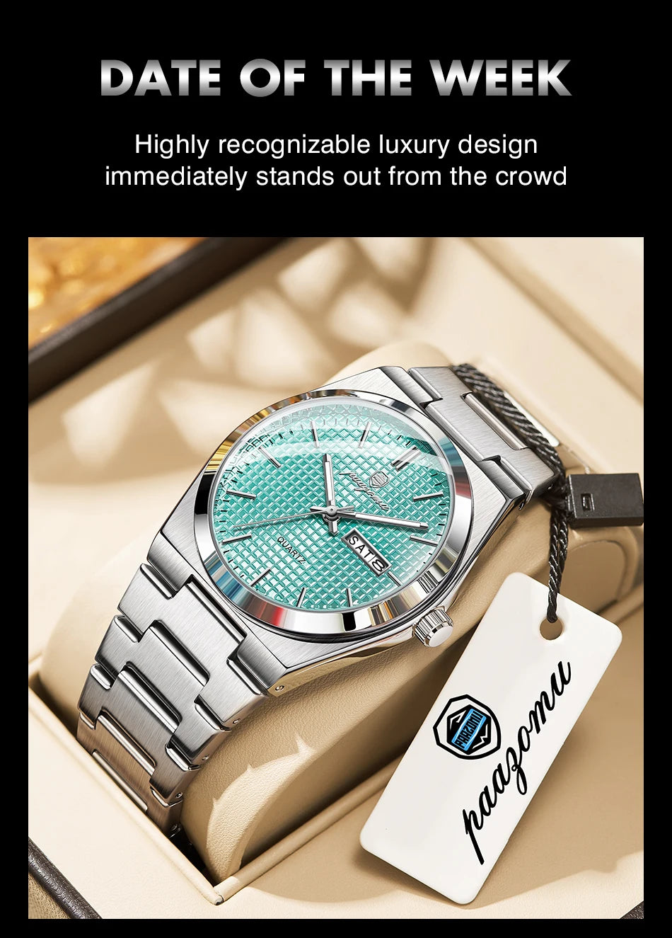 A silver luxury men's waterproof quartz wristwatch with a teal dial is displayed in a light-colored box.