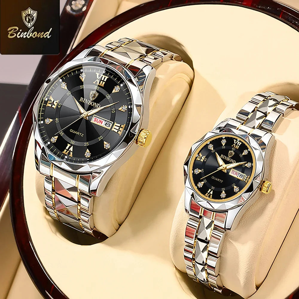 A pair of Bundled stainless steel couple watches with black dials and silver accents displayed on a light background.