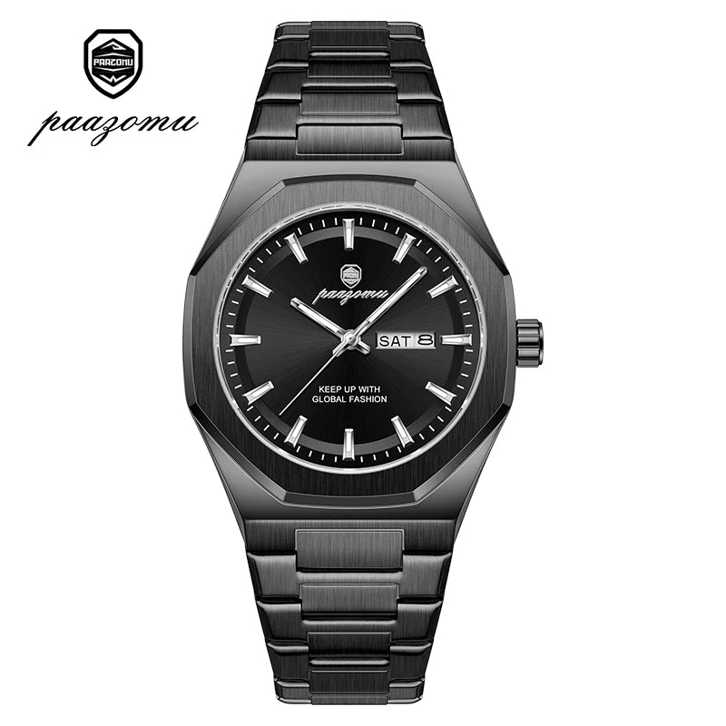 A black stainless steel watch with a dark face and silver hands on a black strap.
