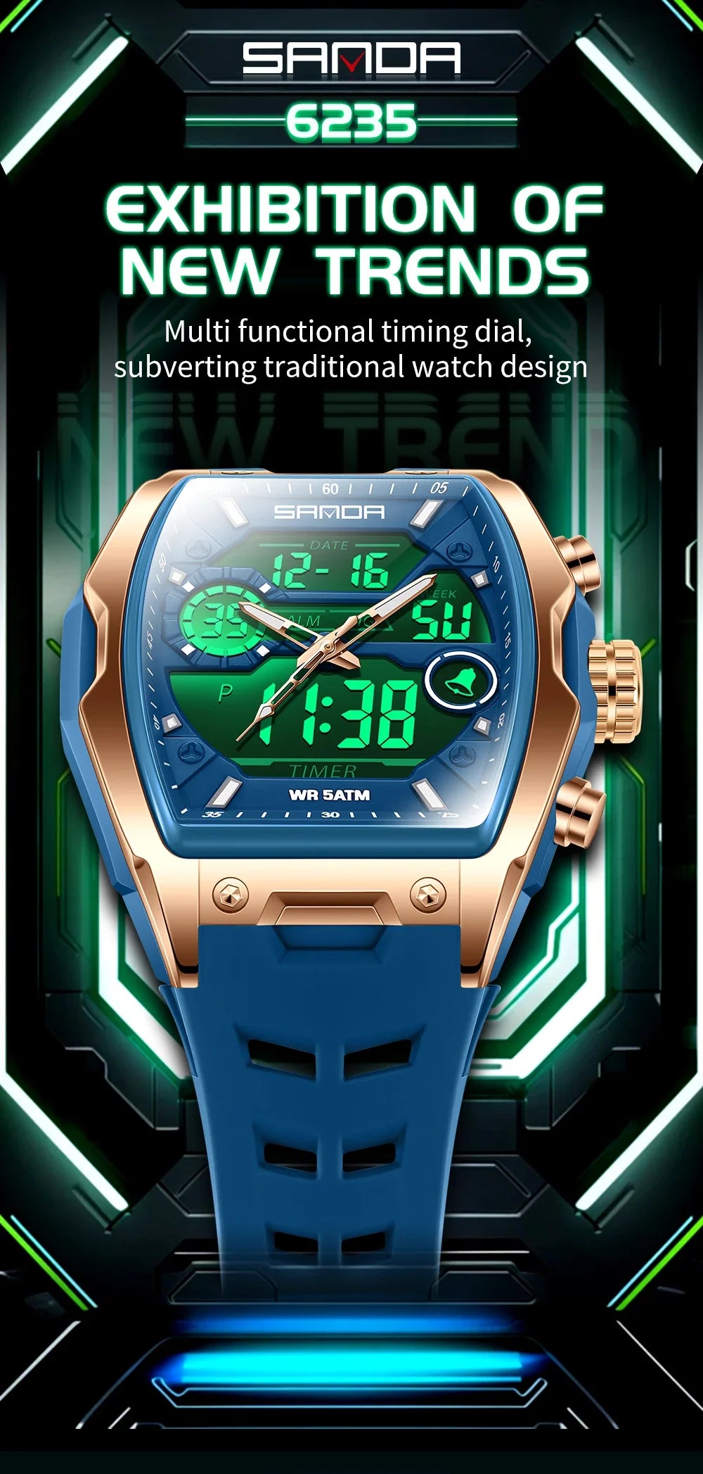 Blaue und roségoldene digitale Uhr mit multifunktlichem Zifferblatt vor futuristischem dunklem Hintergrund.