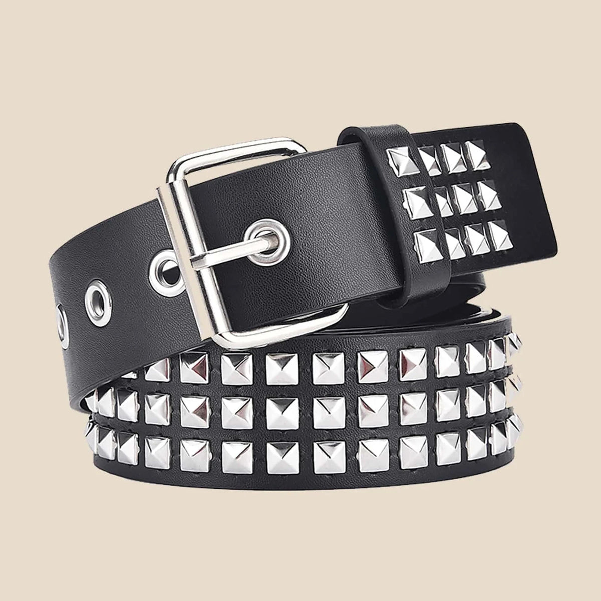 Black leather belt with silver square bead rivets and a silver buckle.