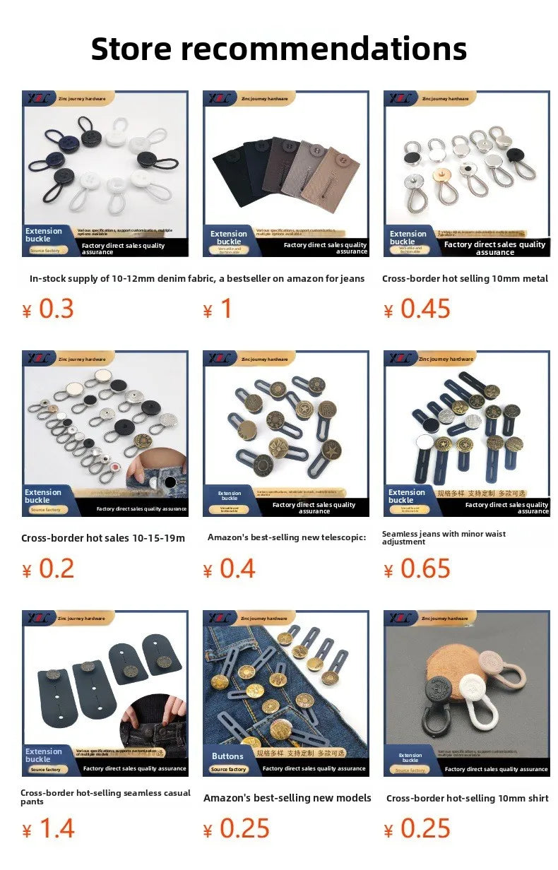Varias hebillas y accesorios de extensión para ropa, incluyendo mangas de camisa y pantalones de mezclilla.