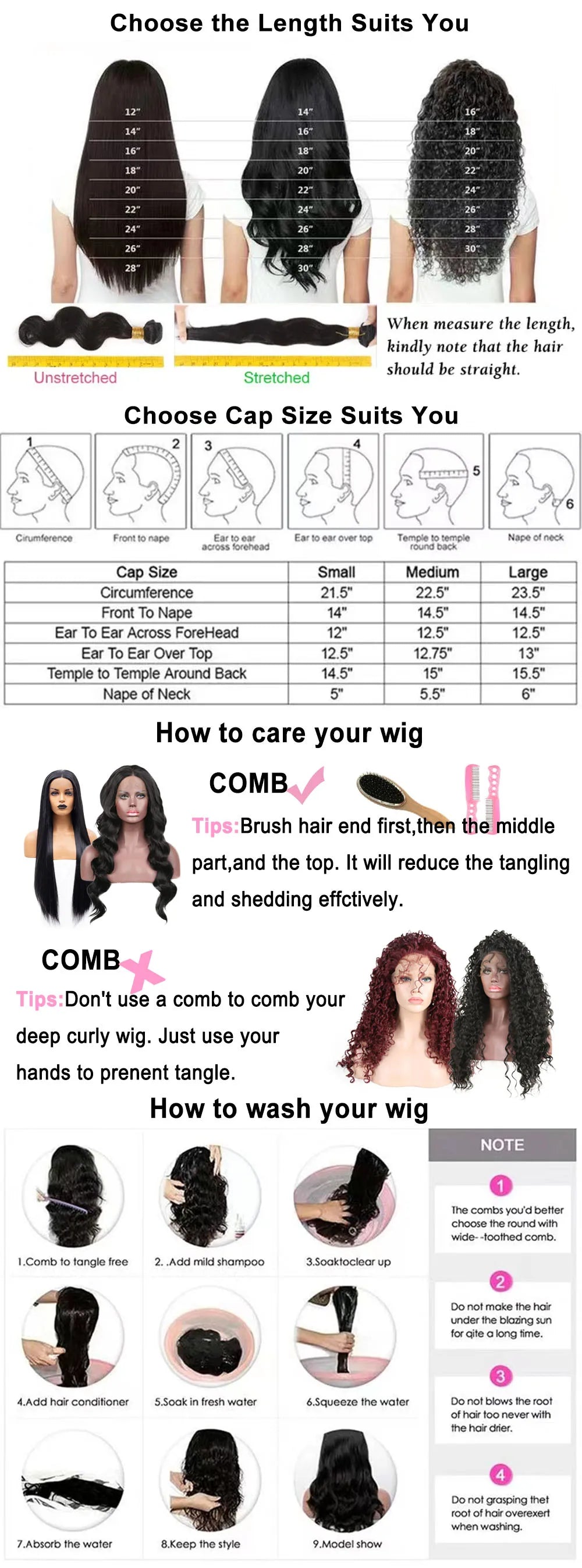 A guide showing how to choose the length suits and care for a wig, including sizing charts and washing instructions.