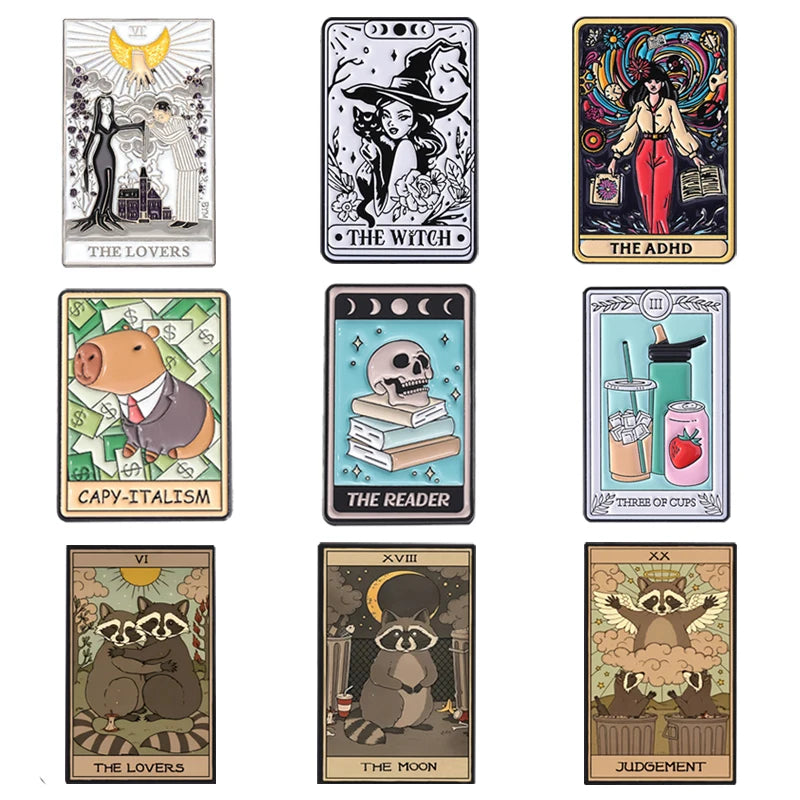 A set of nine tarot card enamel pins featuring The Lovers, The Witch, The ADHD, Copy-italism, The Reader, The Moon, and Judgm