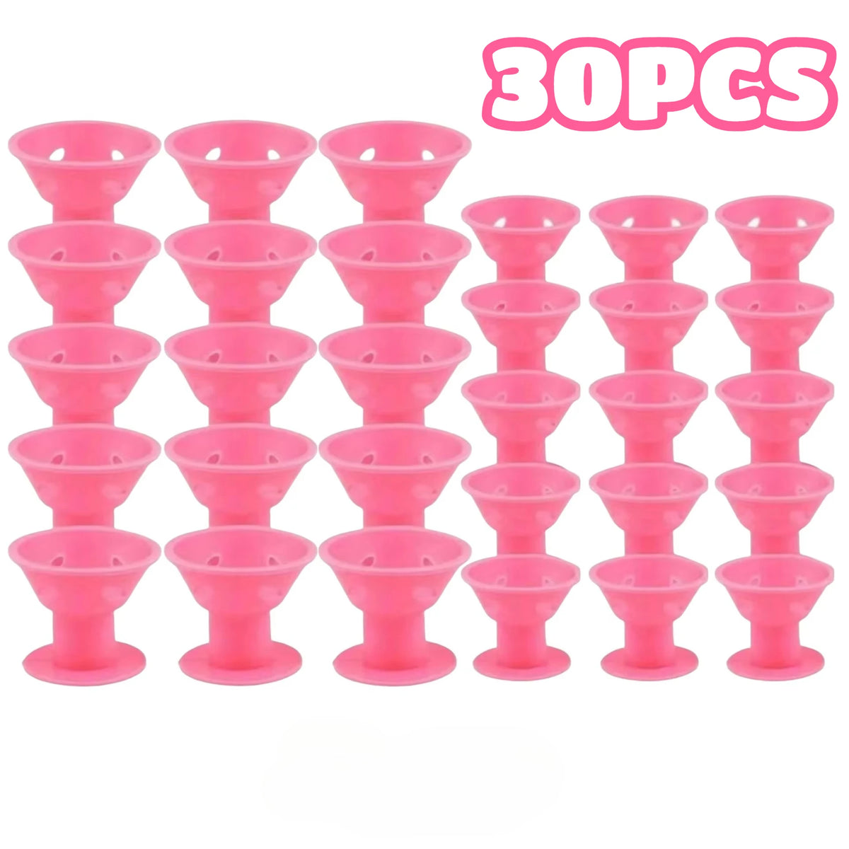 A set of 30 pink heatless magic hair curlers for styling hair.