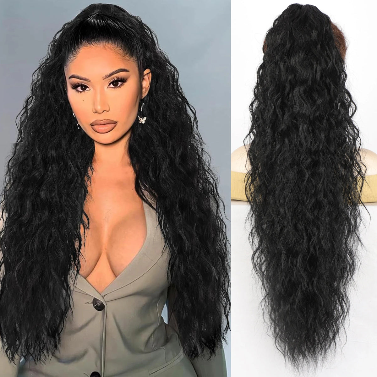 Longues extensions de cheveux noirs clip-in, stylées en vagues volumineuses
