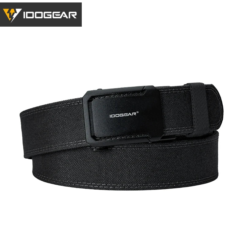 Black tactical nylon belt with a black ratchet buckle and a black strap.