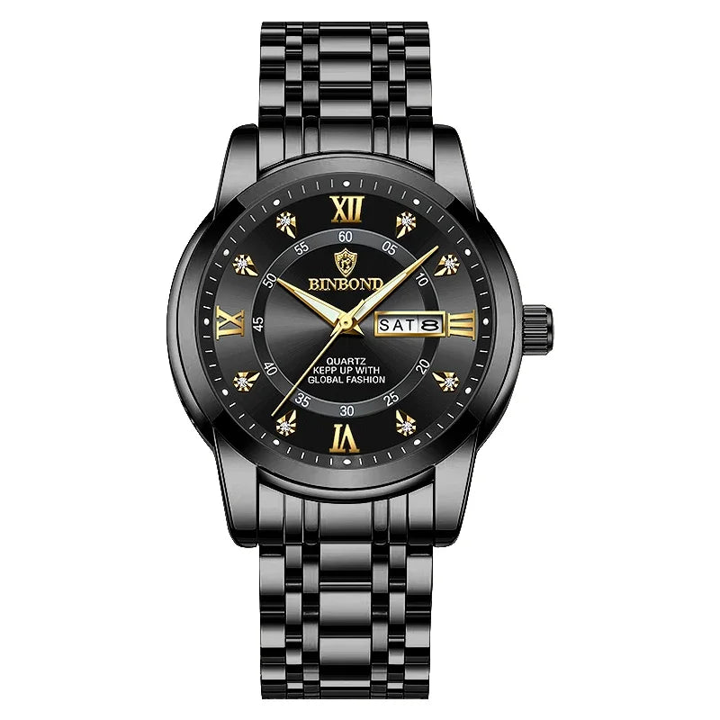 Reloj de hombre negro con esfera plateada, números romanos y pulsera de metal.