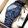 A blue and black luxury quartz wristwatch is displayed in a light-colored box.