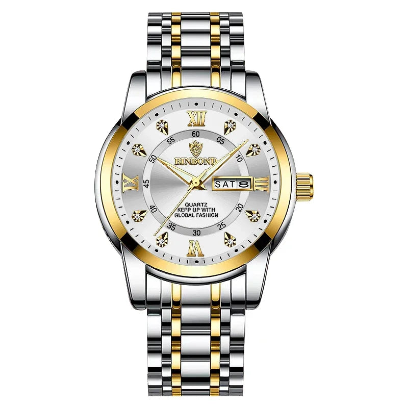 Reloj de lujo de cuarzo para hombre plateado y dorado con pulsera de metal a rayas y esfera redonda.