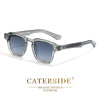 Graue quadratische modische Sonnenbrille mit Metallrahmen auf weißem Hintergrund.