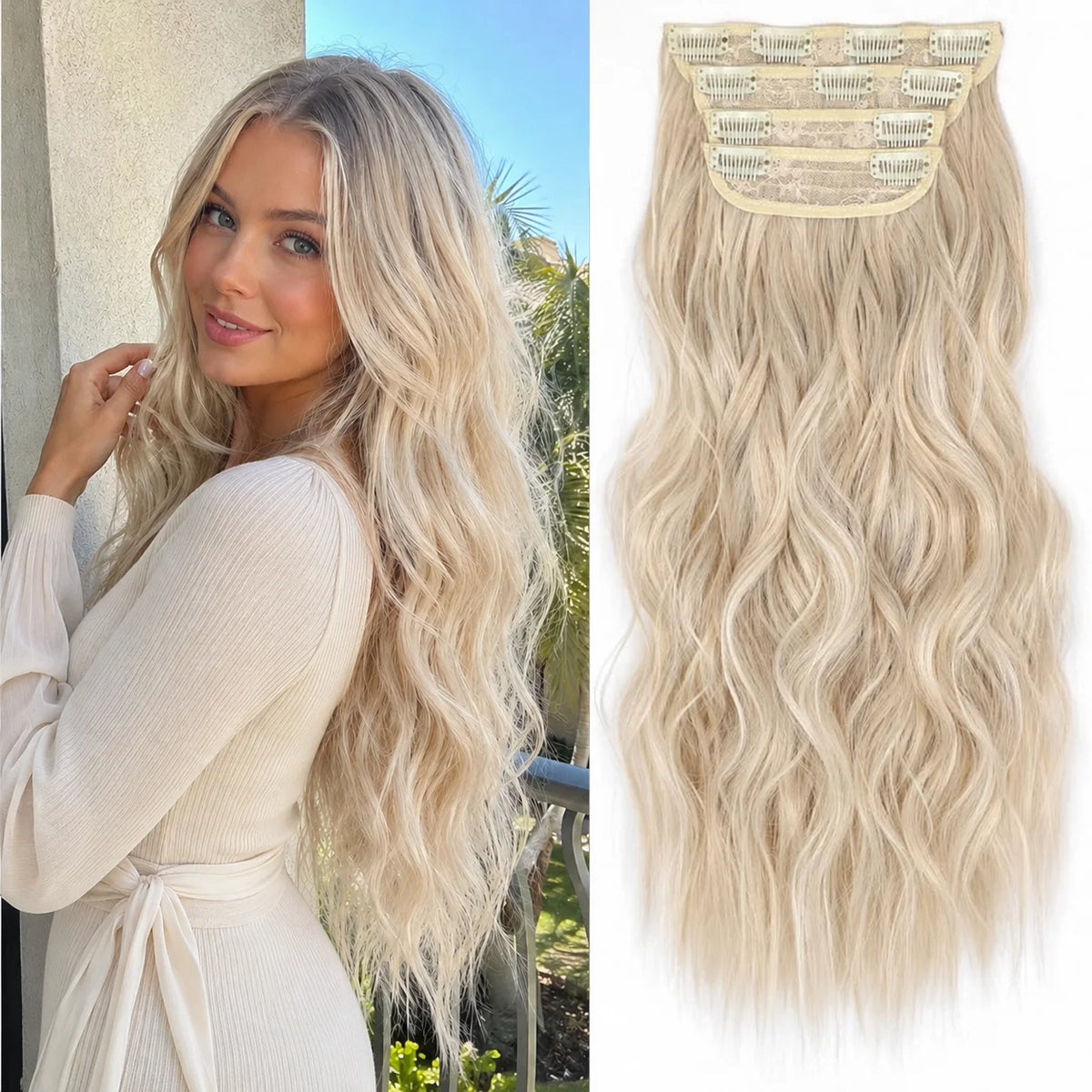 Long blonde wavy hair with a decorative clip and a beige knit top