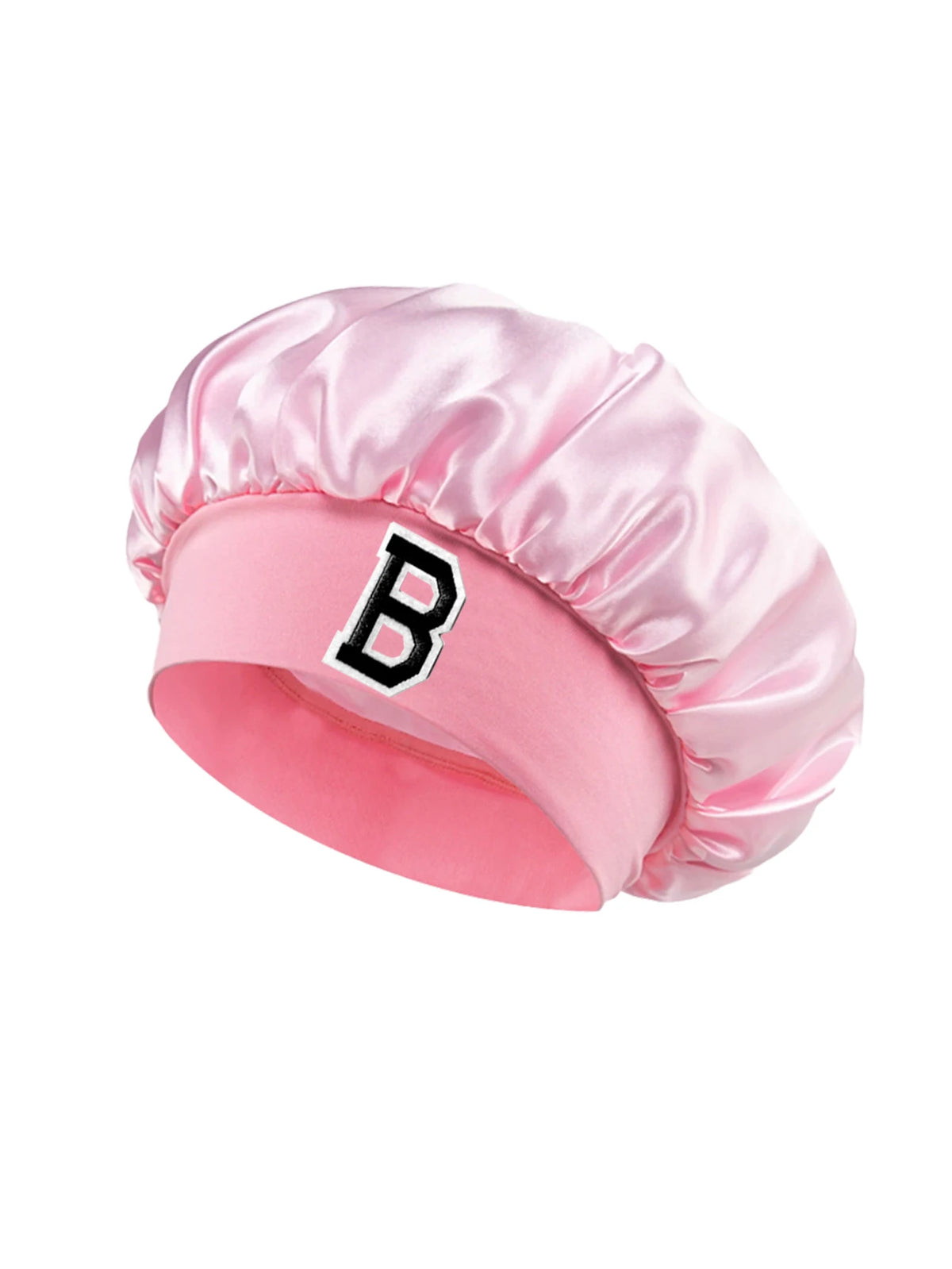 Pink satin hair cap with a black letter B print on the front