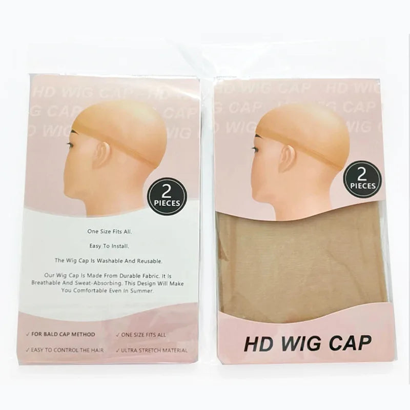 A package of two beige sheer wig caps for HD wigs, showing the cap and a piece of fabric.