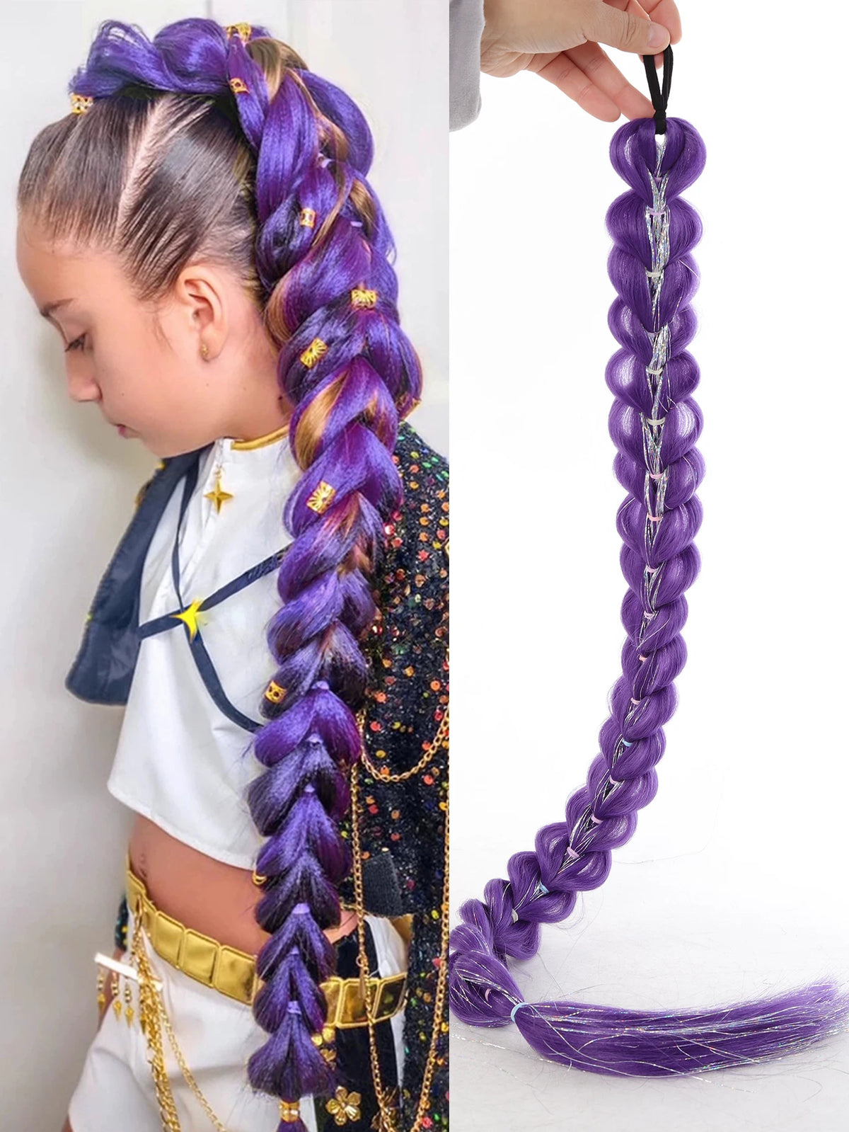 Purple braided hair ponytail with gold tinsel extensions worn by a girl.
