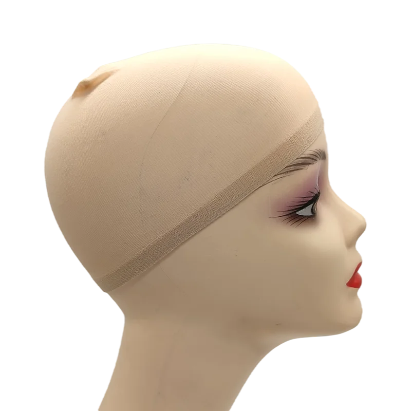 A mannequin head wearing a beige stretch mesh wig net cap for hair, shown in profile.