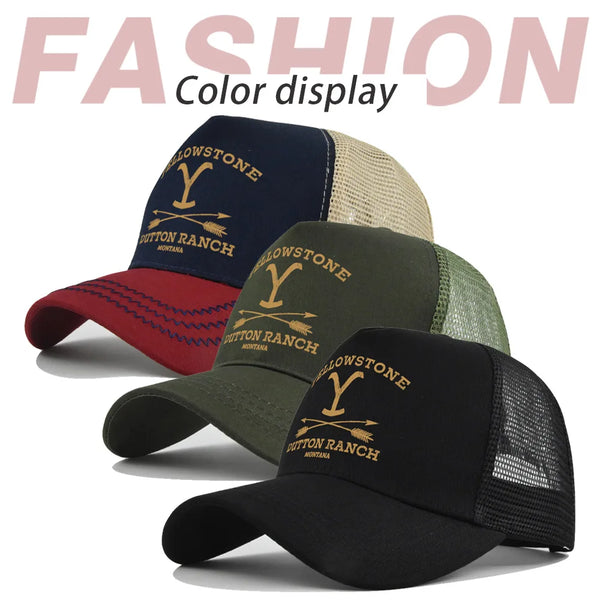A display of various colored and patterned unisex adjustable baseball caps.