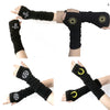 Black knitted fingerless gloves with gold sun designs shown on various hands.