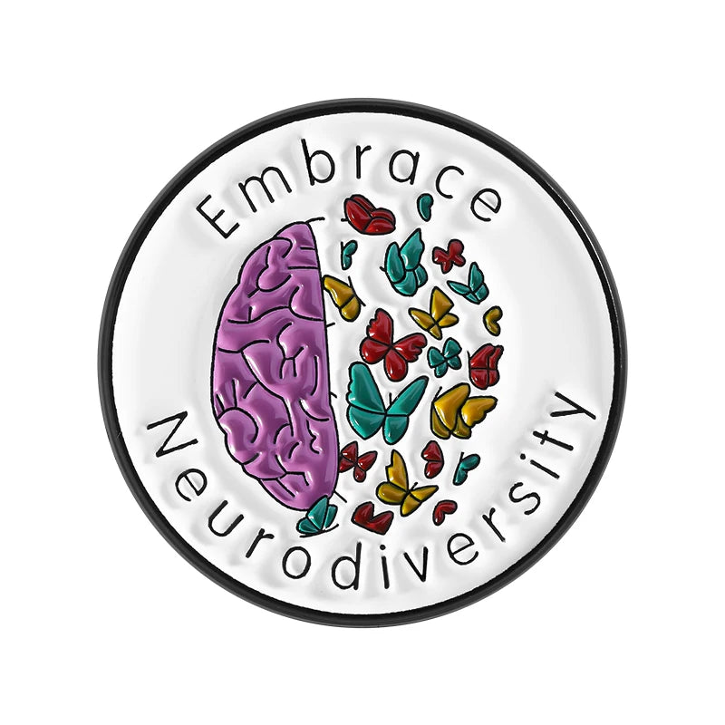 An enamel lapel pin featuring a purple brain and colorful butterflies with the text Embrace Neurodiversity