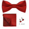 A red satin bow tie and cufflink set displayed against a white background.
