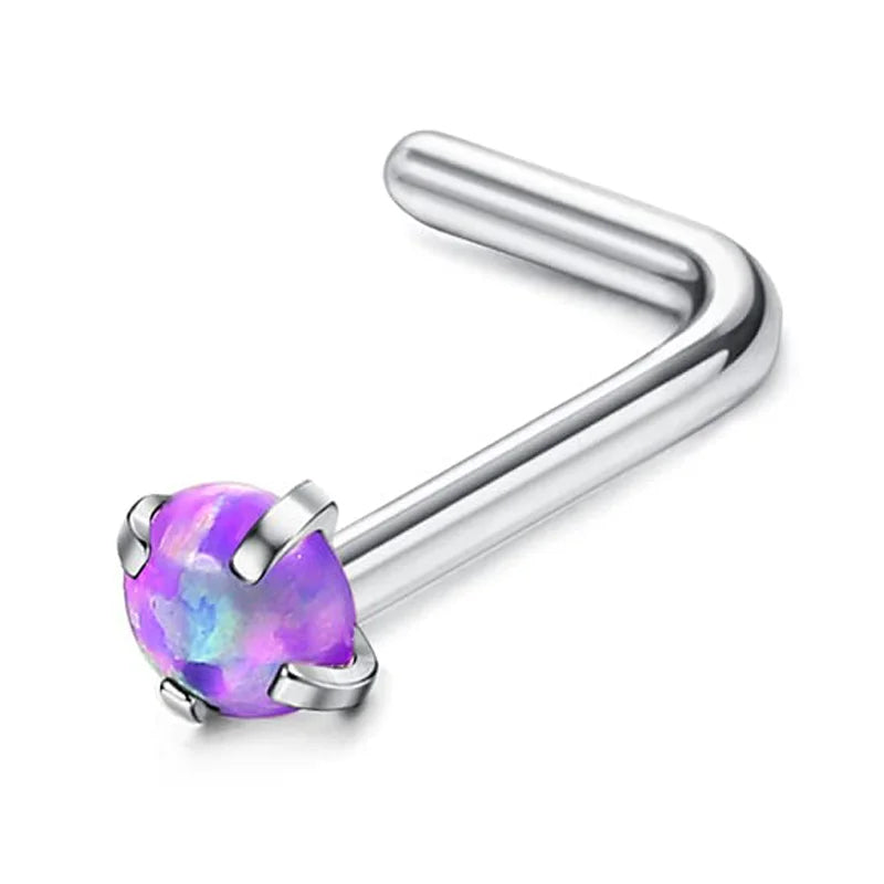 Surgical stainless steel nose piercing studs with a purple opal gemstone and a curved bar design