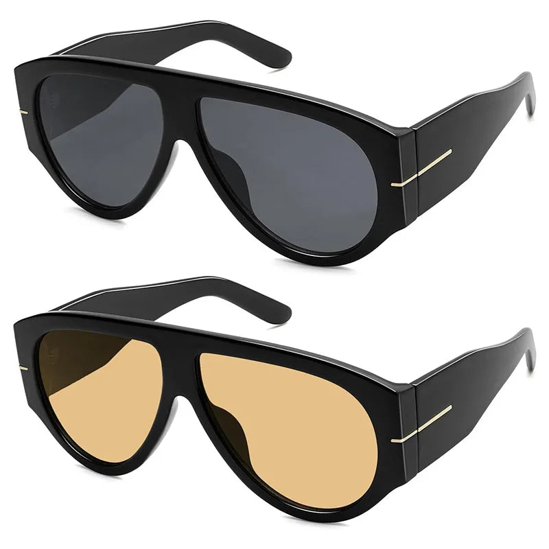 Black retro oval sunglasses with gold accents shown in a studio shot.