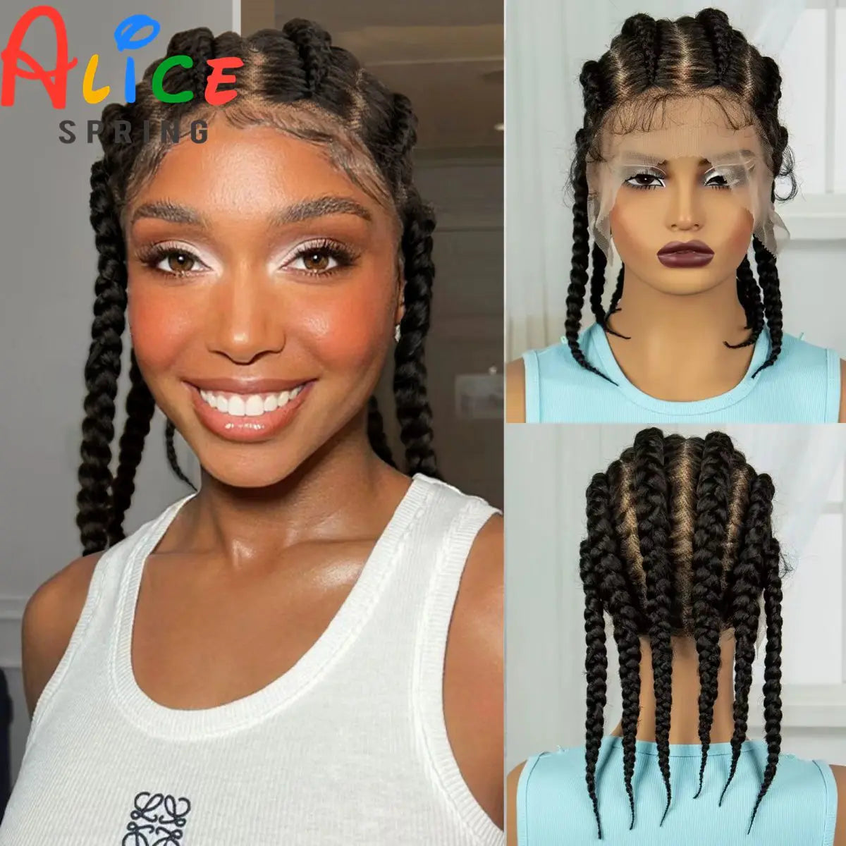 Gros plan d'une femme modélisant des extensions de cheveux tressés synthétiques brun foncé