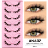 A pink plastic tray holding various styles of black faux mink cat eye eyelashes with a close-up of the lashes on an eye.