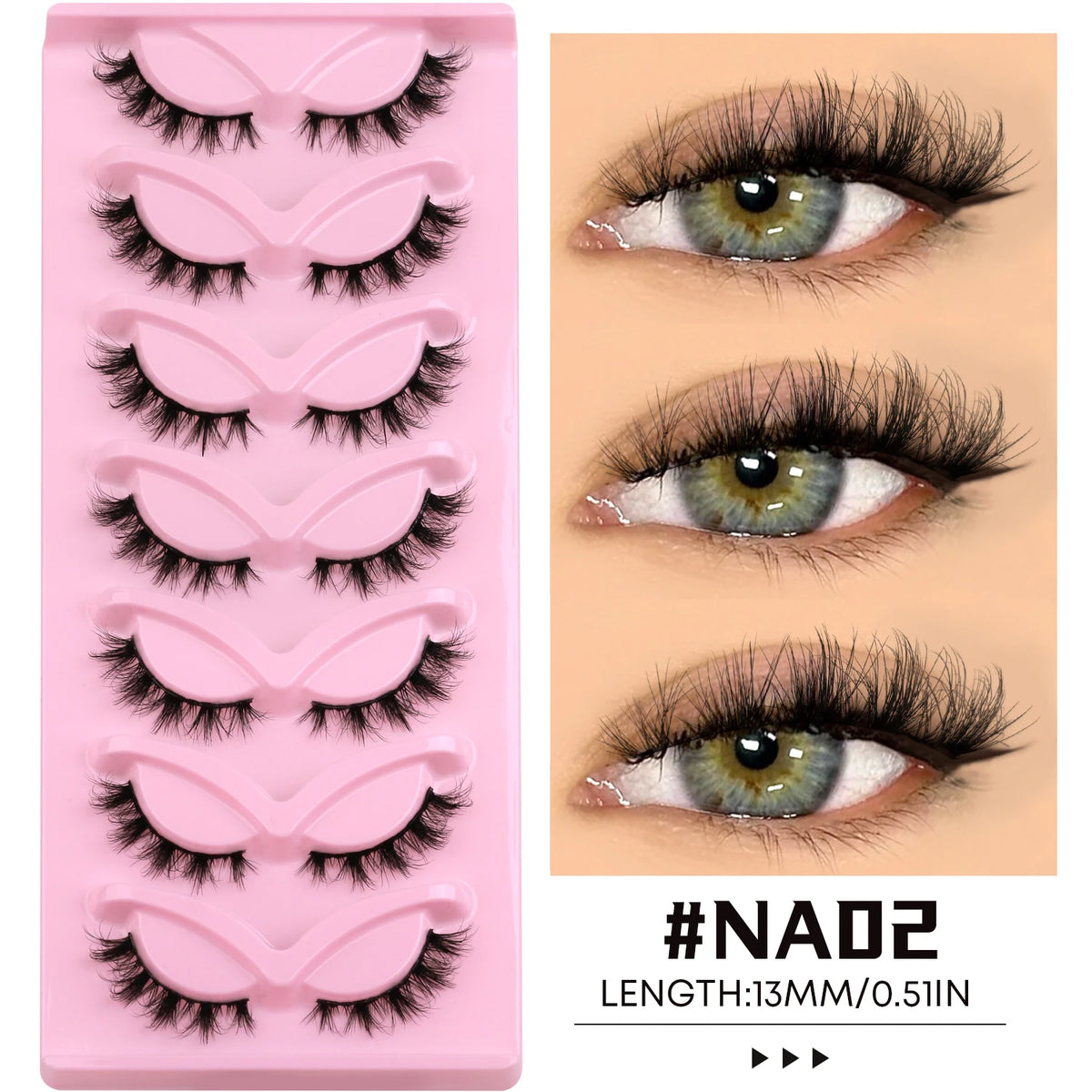 A pink plastic tray holding various styles of black faux mink cat eye eyelashes with a close-up of the lashes on an eye.