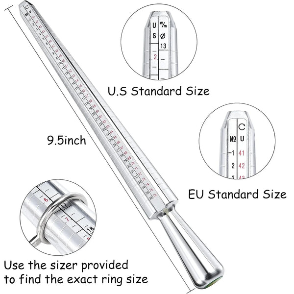 A precision ring sizer tool showing measurements in both US and EU standard sizes.