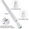 A precision metal ring sizer tool showing measurements for US and EU standard ring sizes.