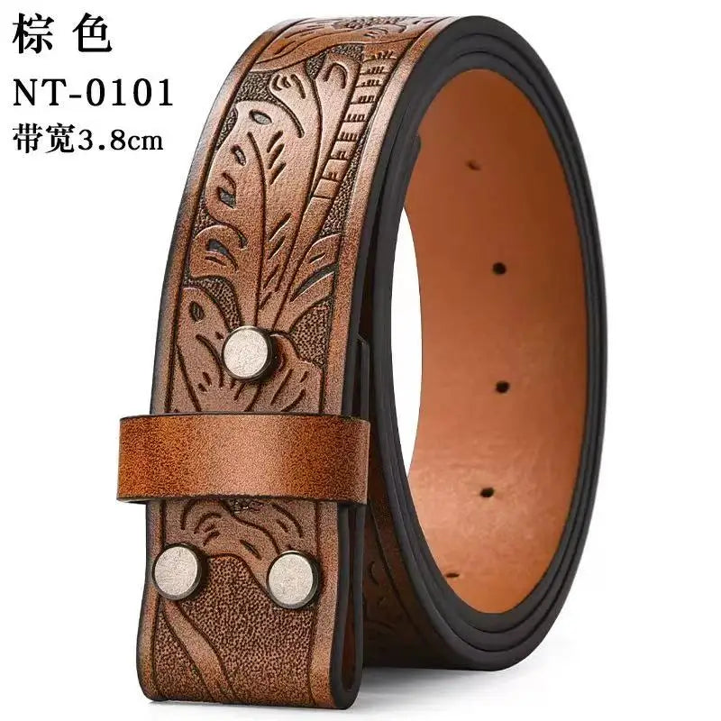 A brown vintage western PU leather belt with an embossed design and round buckles.