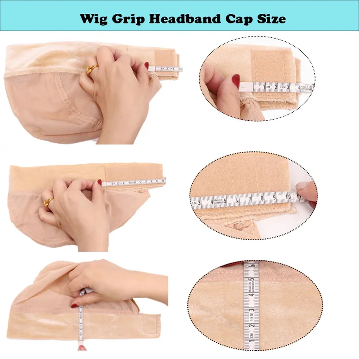 Close-up images showing various sizes and applications of a beige velvet wig grip headband cap for wigs.