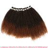 A bundle of long curly hair extensions in shades of brown and auburn.