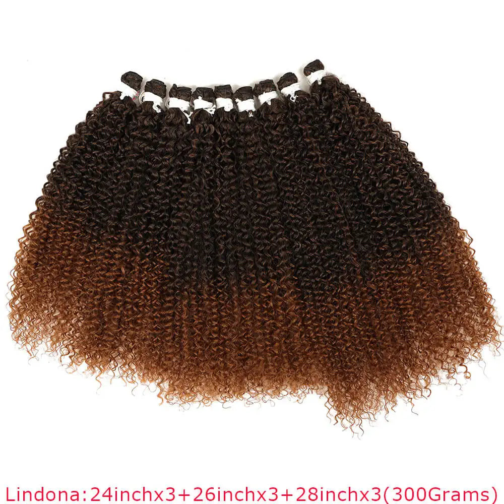A bundle of long curly hair extensions in shades of brown and auburn.