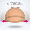 A beige stretch mesh wig cap is shown from above, demonstrating its fit for various head sizes.