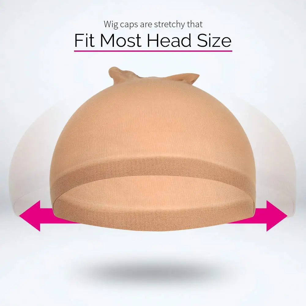 A beige stretch mesh wig cap is shown from above, demonstrating its fit for various head sizes.