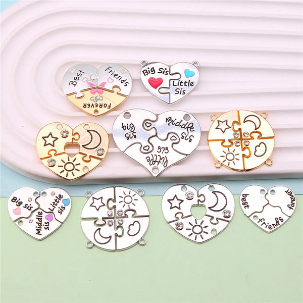 A multi-set of heart-shaped friendship necklace pendants featuring various designs like Big Sis, Little Sis, and Forever.