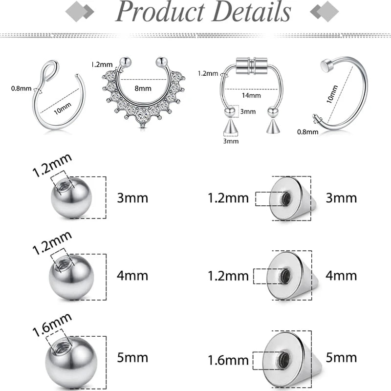 Various sizes of silver replacement fake eyebrow and lip labret studs shown with measurements.