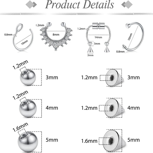 Various sizes of silver replacement fake eyebrow and lip labret studs shown with measurements.